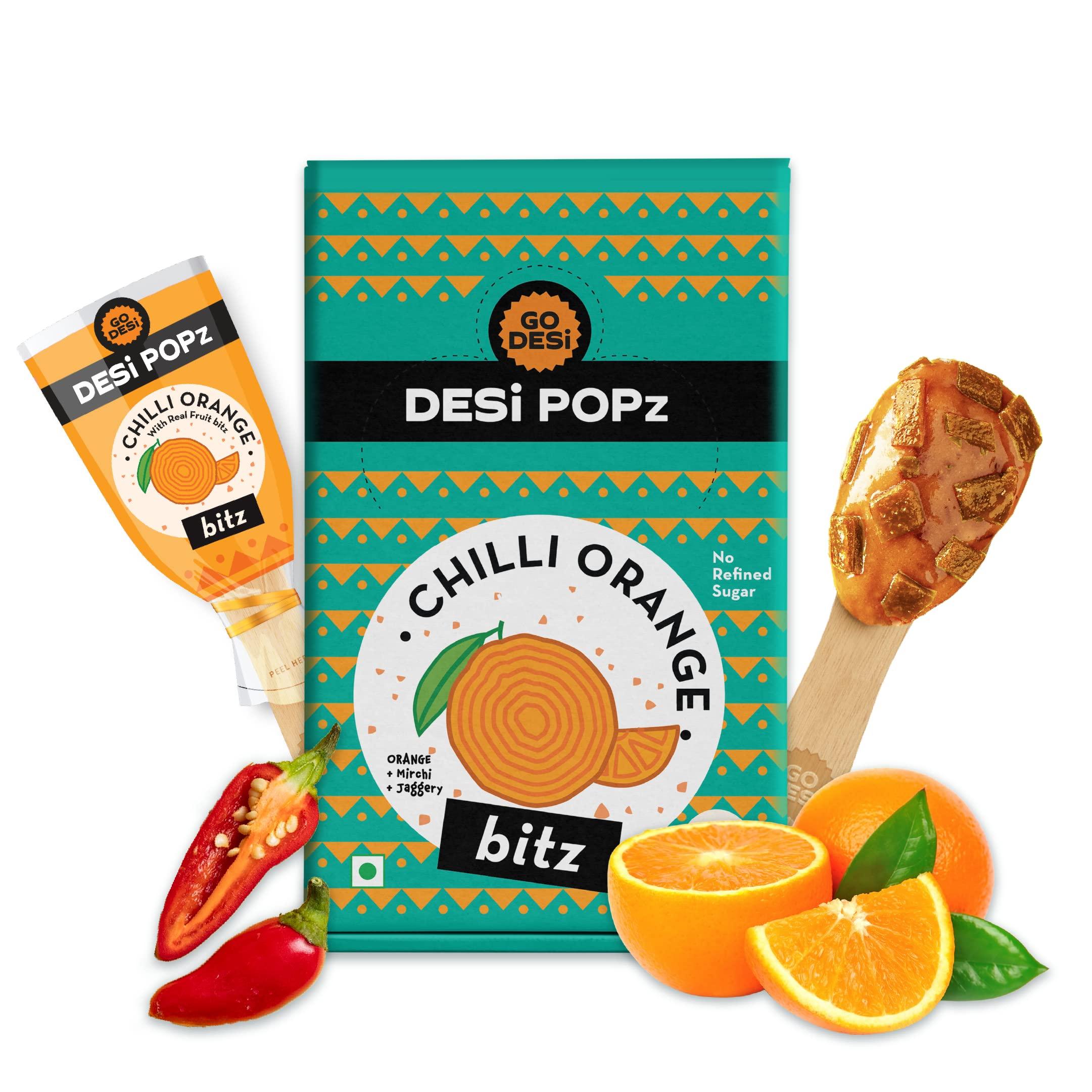 

GO DESi Popz with Bitz - Chilli Orange Pop | Orange & Chilli Candy | Fruit Toffee | Indian Snacks | 50 Pieces | 400g Candy Packet