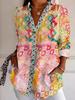 Women's Spring Summer 3D Printed Collared Shirt, Colorful Mosaic Ethnic Geometric Boho Vintage Blouse