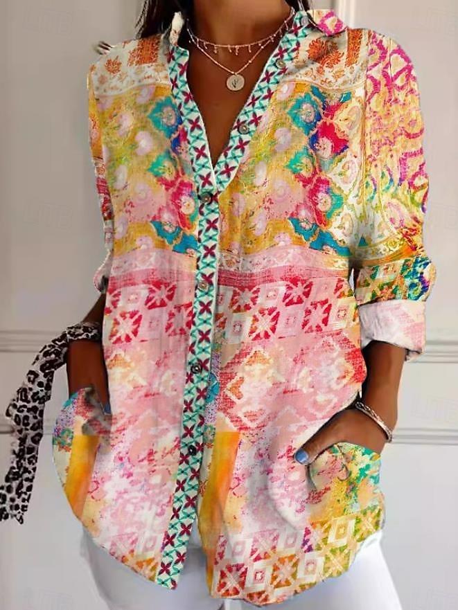 Women's Spring Summer 3D Printed Collared Shirt, Colorful Mosaic Ethnic Geometric Boho Vintage Blouse