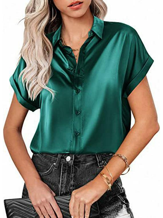 

Satin Multicolor Silk Short-Sleeved Button-Down Shirt - Casual Loose Fit XL зелений