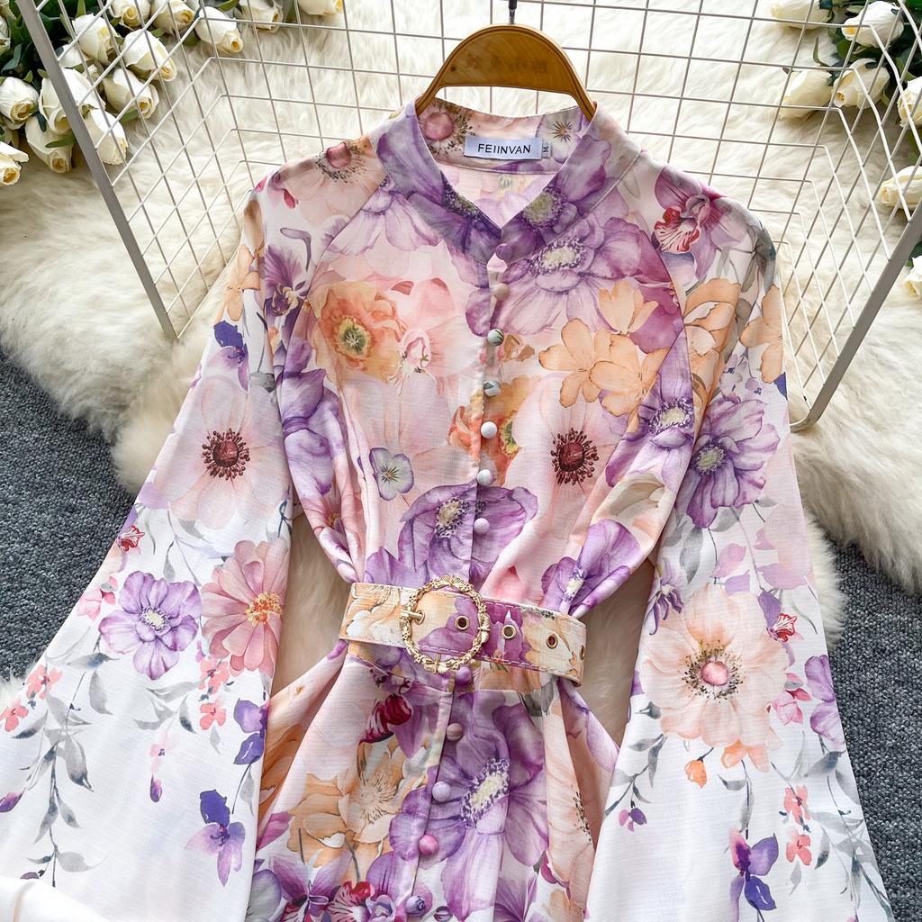 Spring/Summer Romantic Floral Print Stand-Up Collar Bell-Sleeve Slimming Party Dress for Women Elegant Single-breasted Maxi Dress with Belt