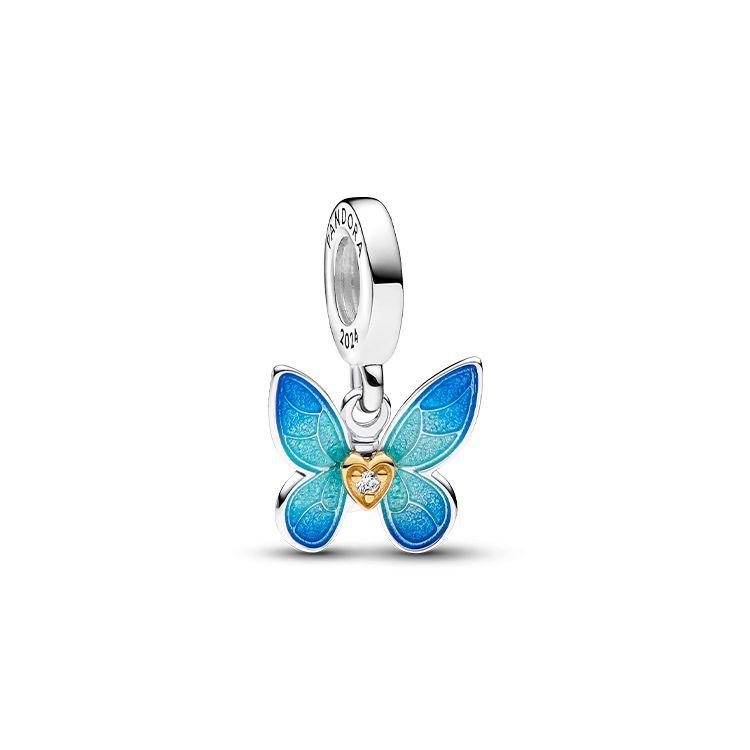 Pandora Butterfly Shaped Gold Plated Copper Silver Alloy Synthetic Diamond Pendant Women pendant Blue 763082C01 Box