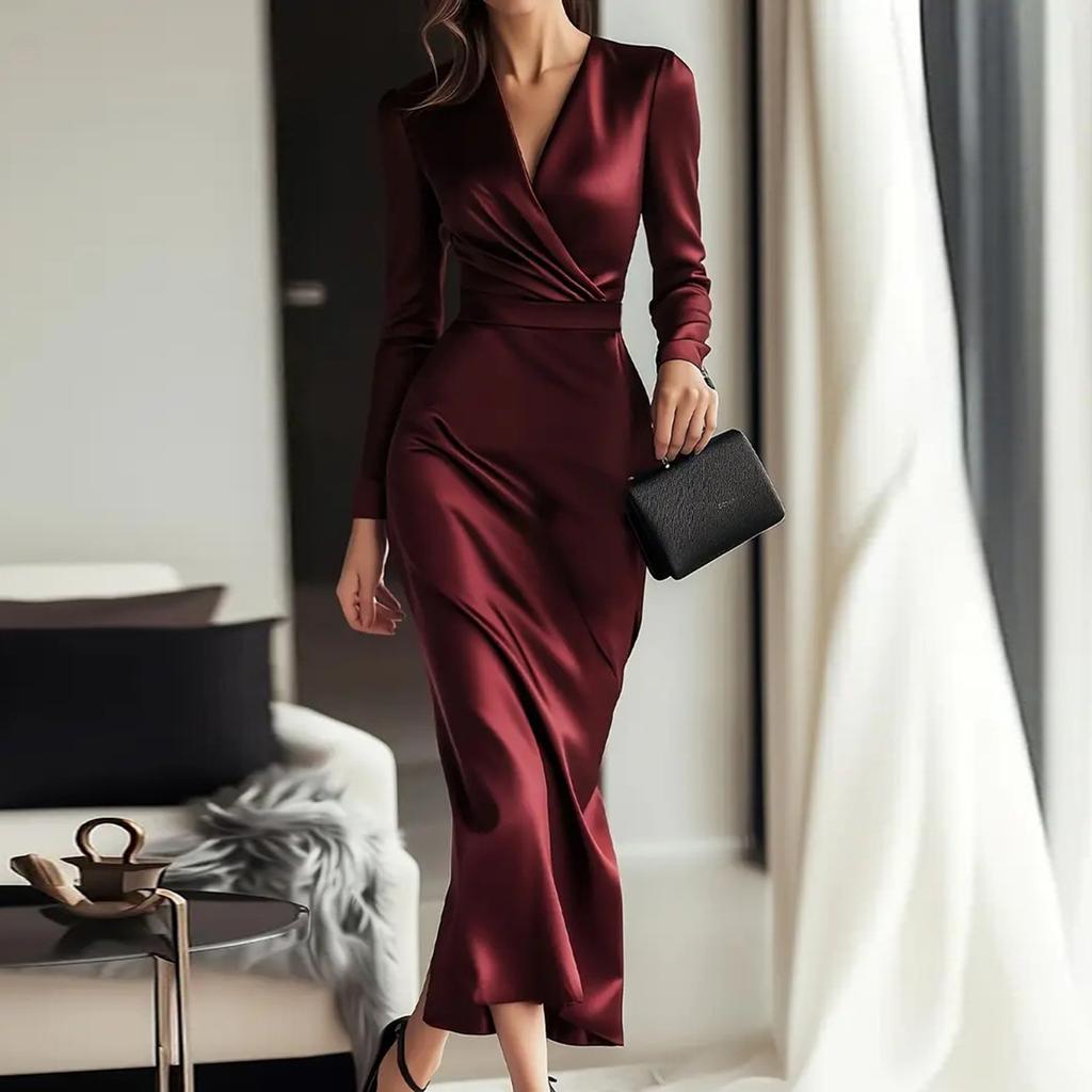 Women's Fashion Long-Sleeved Evening Gown V-Neck Cinched Waist Slimming Silhouette Elegant Solid-Colour Dress