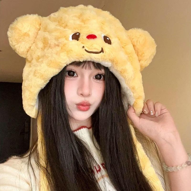 Cartoon Cute Butter Bear Showing Face Small Plush Hat Female Autumn and Winter Warm Cold Bear Hat Ear Protector