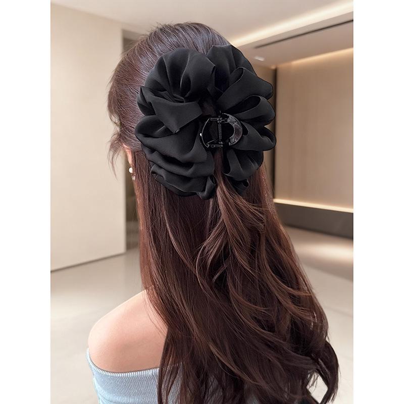 Luxury Black Satin Feather Bubble Claw Clip for Women - Diamond Accent Hair Accessory
