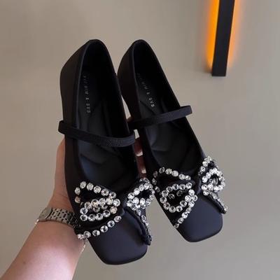 Bow Mary Jane Women Sandals Loafers Crystal Shoes Luxury Summer Flats Casual Slippers Square Toe Designer Woman Walking Zapatos