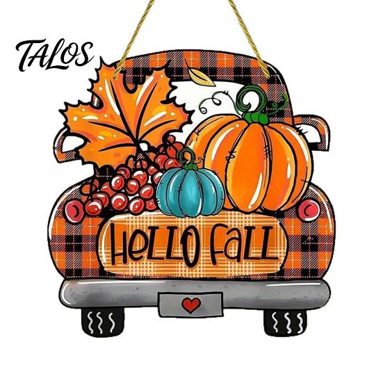 Rustic Pumpkin Welcome Sign Hello Fall Wooden Hanging Sign, Retro Plaid Pickup Truck Ornaments, Wall Pendant Front Door Decor with And Maple Leaf for
