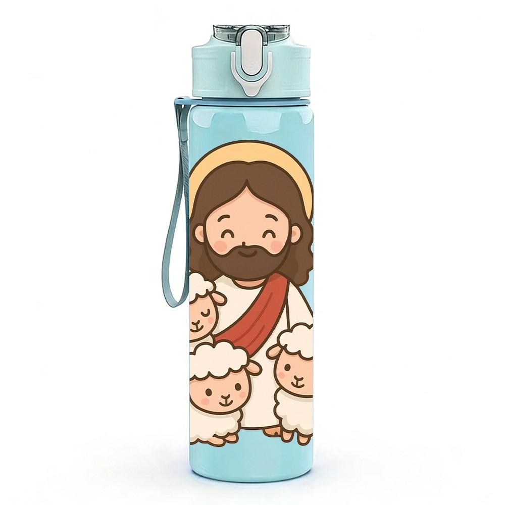 1PC Jesus Surrounded By Sheep Print 750ml Color Plastic Sports Water Bottle Leakproof Flip Straw Lid Suitable for Sports Office Home Use