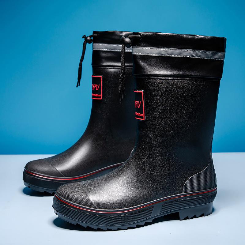New Fashionable Men's Thickened Bottom Warm Waterproof Middle Tube Wear-resistant PVC Material Elastic Rain Shoes Outdoor Work