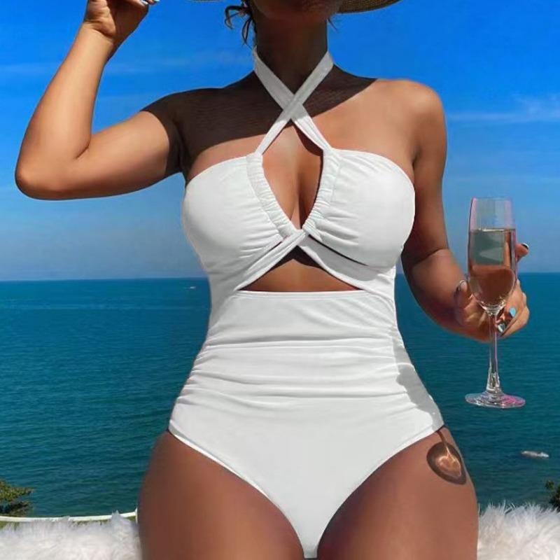 Damen Hohe Taille Einfarbige Rückenfreie Neckholder Einteiler Konservativer Sexy Badeanzug