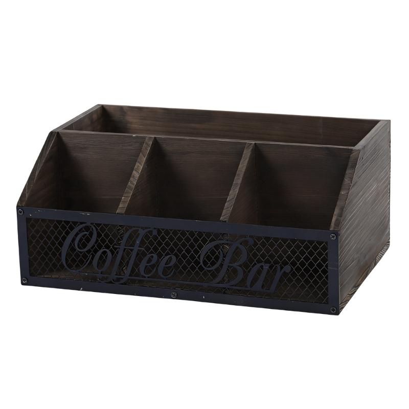 

Traditional Wood And Metal Coffee Bar Storage Box For Kitchen Countertop Office Desk With Flexible Sections