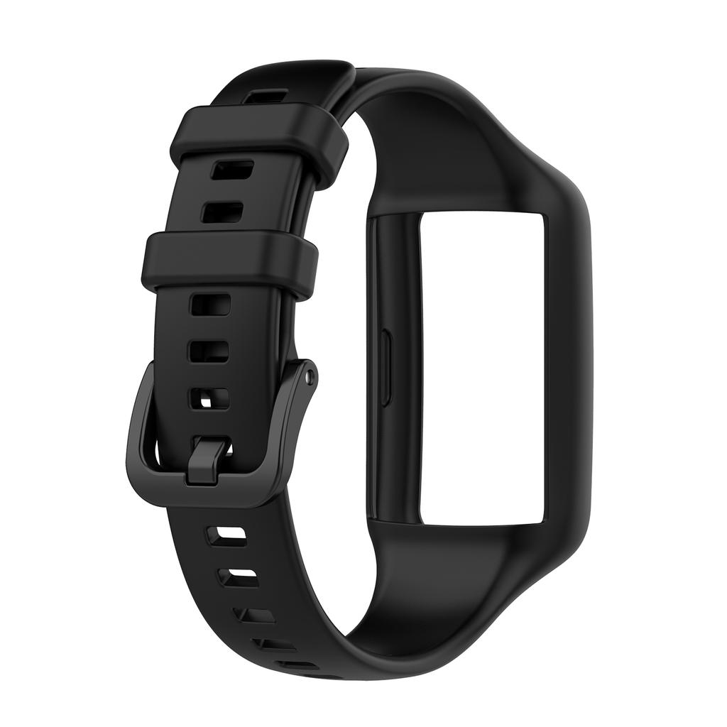 Armband für Honor Band 6 Silikon Sport Uhrenarmband Schwarz Stahlschnalle Armband für Huawei Band 7/6 mit Uhrenrahmen-Schutz