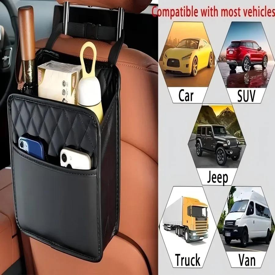 Multi-functional Car Storage Organizer, Car Seat Storage Bag Leather Storage Bag Garbage Bag Storage Bag Portable Trash Can For