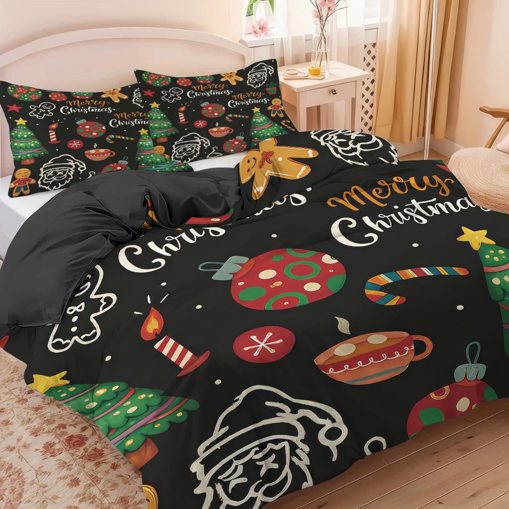 3pcs Merry Christmas Print Coreless Duvet Cover Set Multiple Sizes for Bedrooms Dormitories Soft Comfortable Machine Washable
