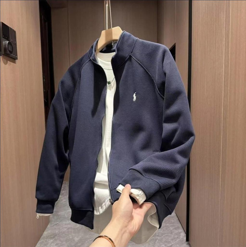 Men's Autumn Embroidered Textured Zipper Stand Collar Casual Cardigan Sweater