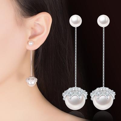 Womens Korean Fashion Elegant Anti-allergy 925 Silver Plated Simple Zircon Crystal Lace Double Pearl Ear Stud Earrings Female Long Ear Jewelry Gifts
