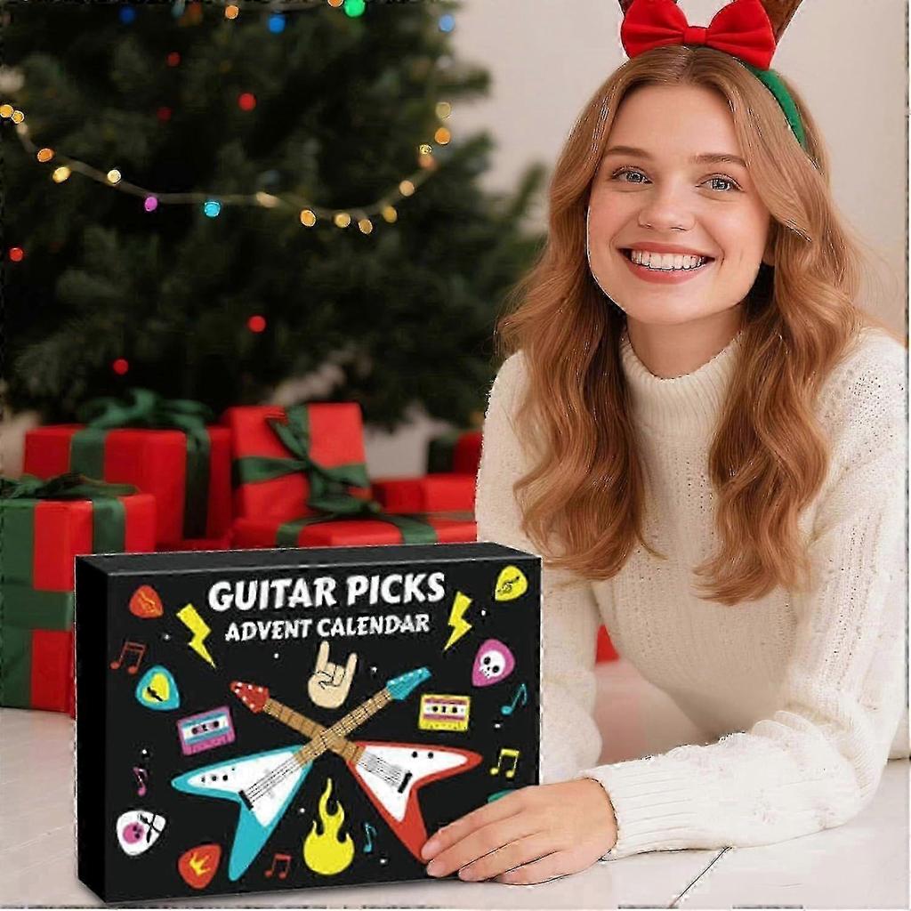 2025 Christmas Guitar Picks Advent Calendar,24-Day Countdown with 20 Celluloid & Wood Picks In Multiple Gauges, Pick Holder & Metal Tin Case, for Guit