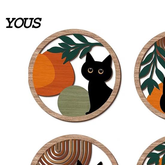 Animal Wall Decoration 4Pcs Black Cat Decor Set, Boho Cartoon Hanging Art, Set Farmhouse Rustic Wooden Plants Sign for Bedroom Living Room