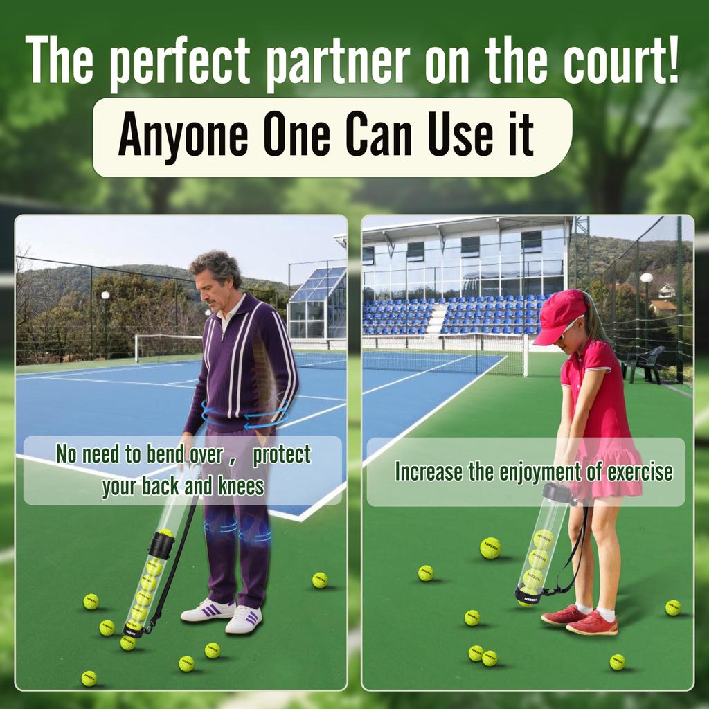 Hikeen Durable Tennis Ball Pickup Tube with 12 Balls and Shoulder Strap Quick Storage Tennis Accessory Collector