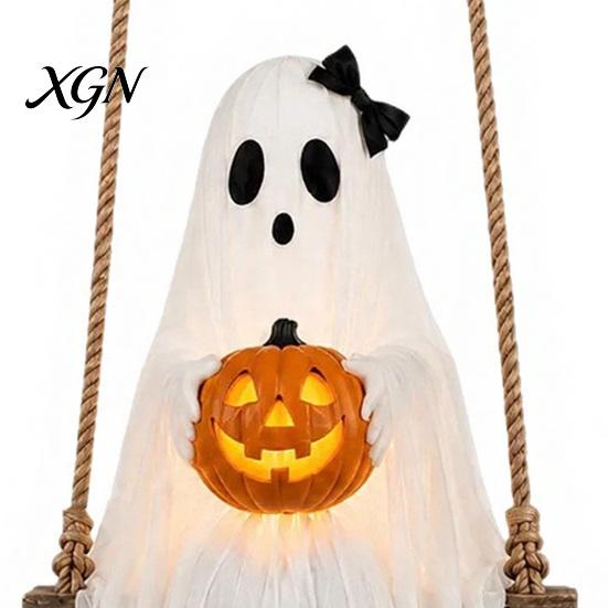 Halloween Party Supplies Lighted Ghost Swing with Glowing Pumpkin, Hanging Spooky Decor Realistic Scary Home Accents for Porch Yard, LED Floating