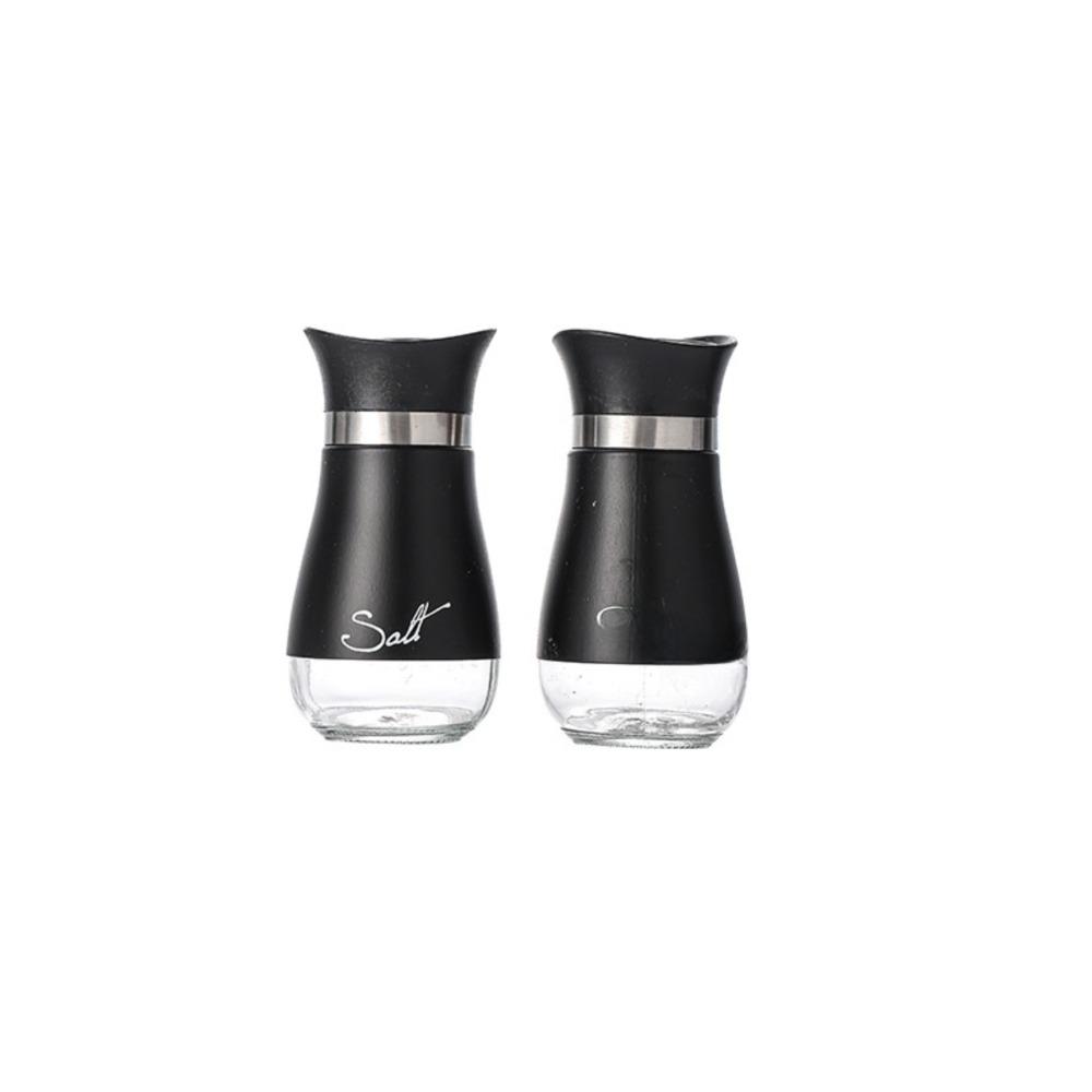 2Pcs/Set Salt & Pepper Kitchen Glass Spice Bottle Refillable Black Condiment Jar with Pour Holes with Rack Spice Dispenser