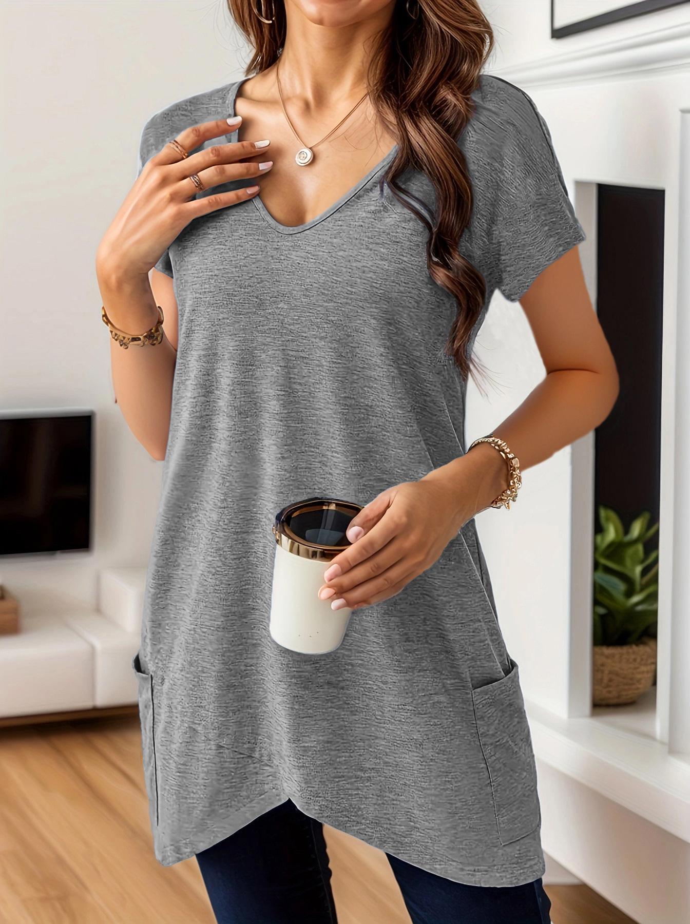 

2025 Spring/Summer Women s Solid V-neck Pocket Casual Fashion T-shirt Top Double XL серый