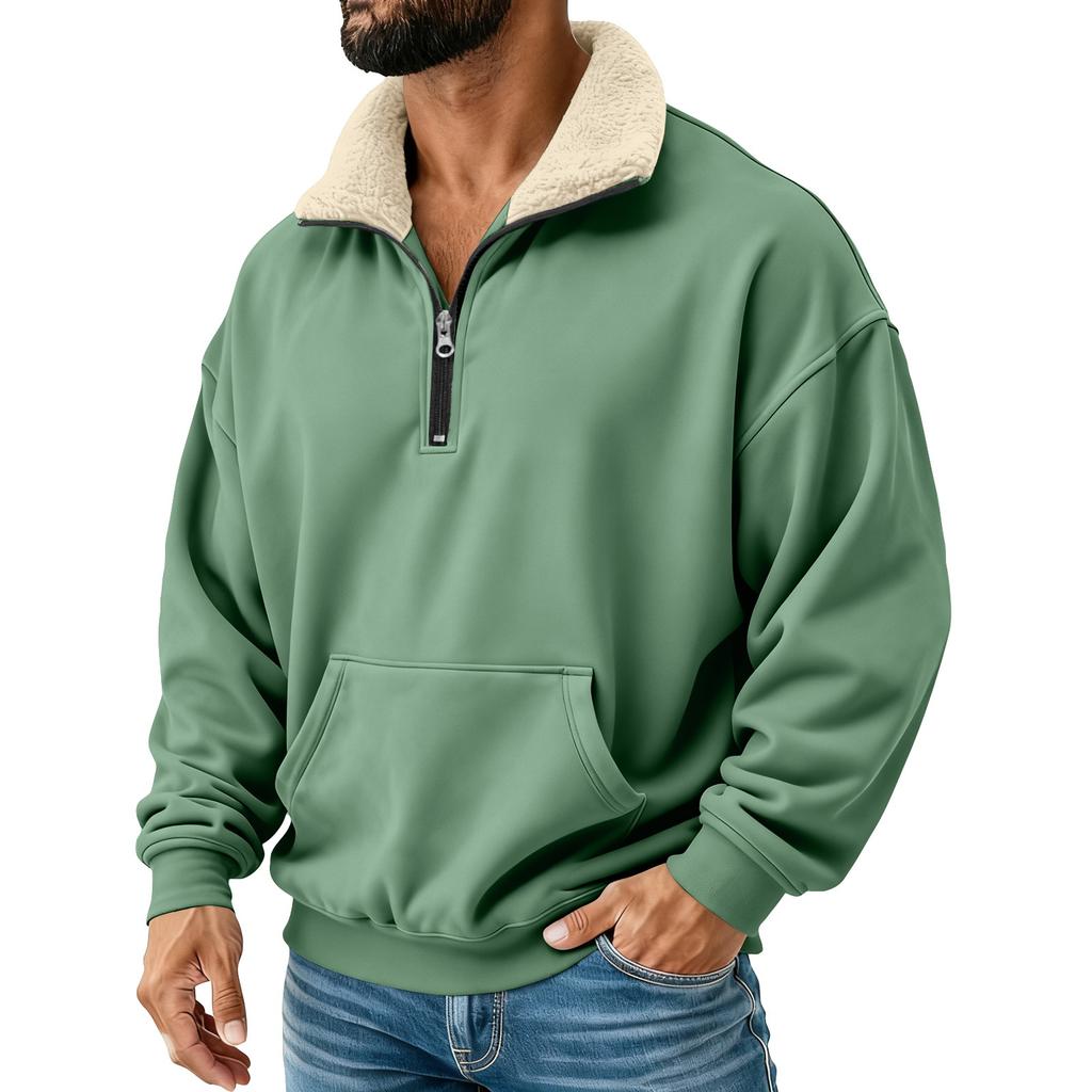 Men's Solid Color Half-Zip Stand Collar Plush Sweatshirt Men's Sports Plus Size Casual Sweatshirt