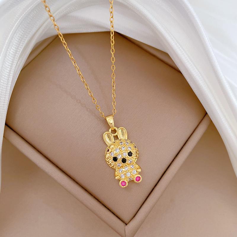 Red-Eye Long-Eared Rabbit Light Luxury Temperament Gorgeous Full Diamond Necklace Women'S Versatile Collarbone Chain Titanium Steel Chain