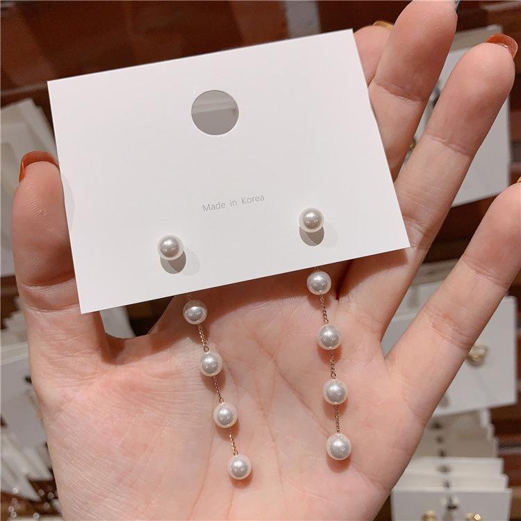 Korean 925 Sterling Silver Fashion Temperament Long Pearl Earrings for Women with Fuller Faces