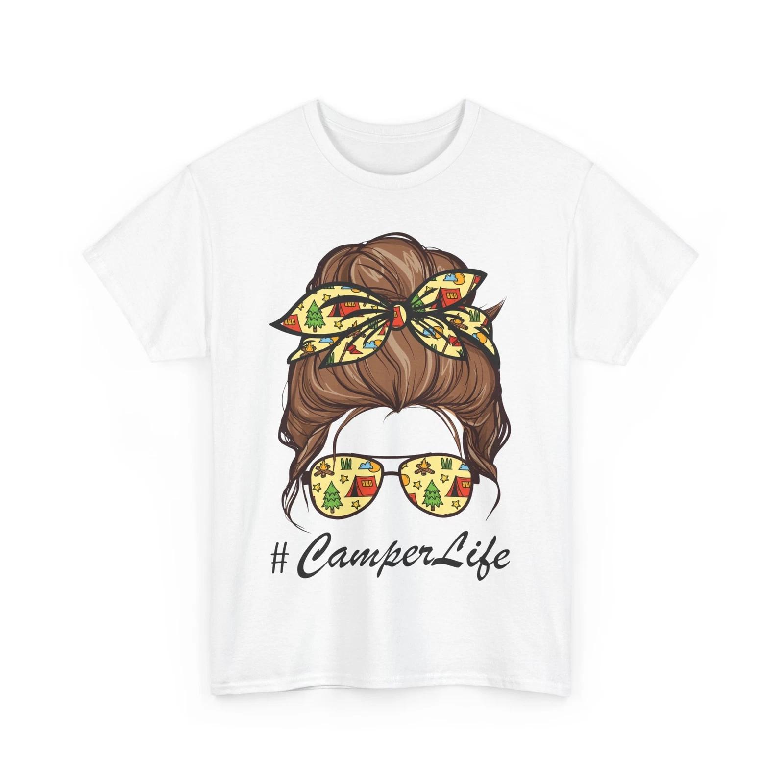 Mom Shirt, Camper Life Mom Mother s Day Messy Bun Camping Lovers Shirt M