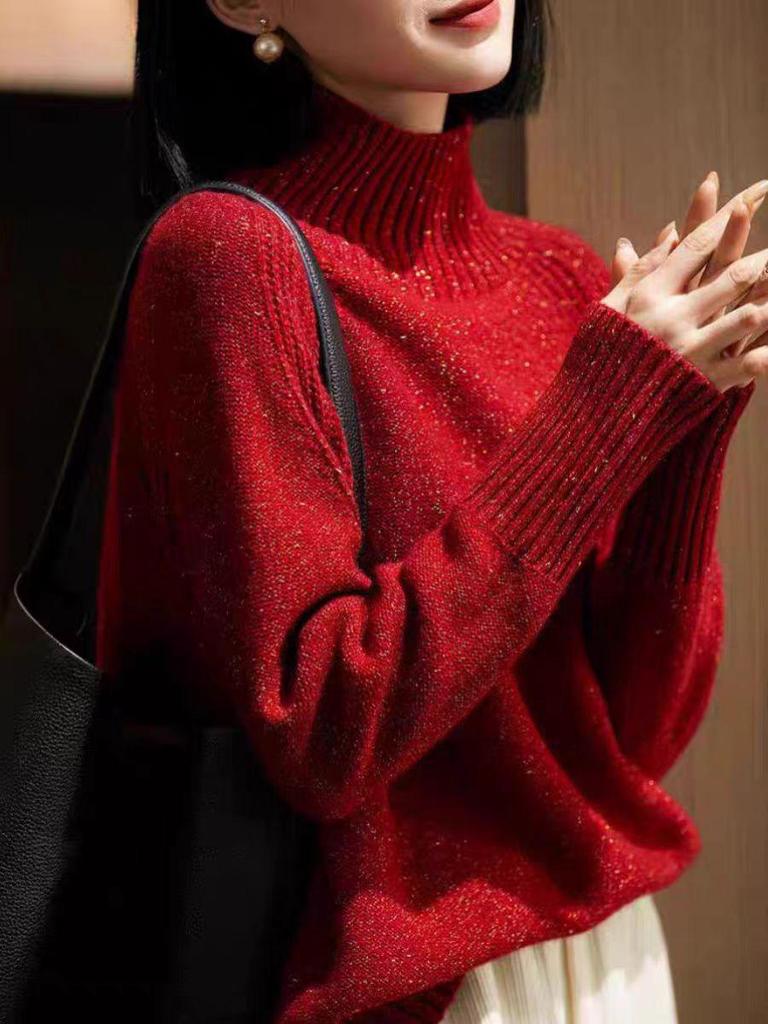 Women's Premium Soft Knit Wool Sweater, High Neck, Loose Fit, Gold Thread, Thick Layer, Autumn/Winter Fashionable Wear.