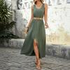 Women's Summer MIDI Slit Solid Color Sleeveless Crew Neck Dress