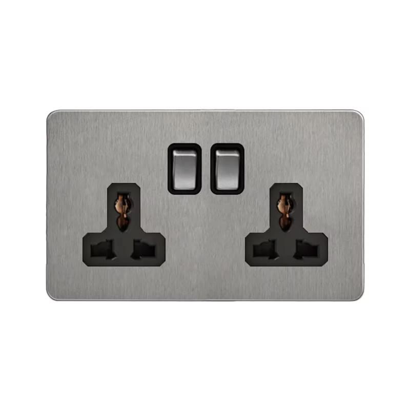 LangYeao Matt Glänzend Edelstahl Kippschalter UK Standard, 1/2/3/4-fach 2-Wege 13A Steckdosen Retro Vintage Wandplatte