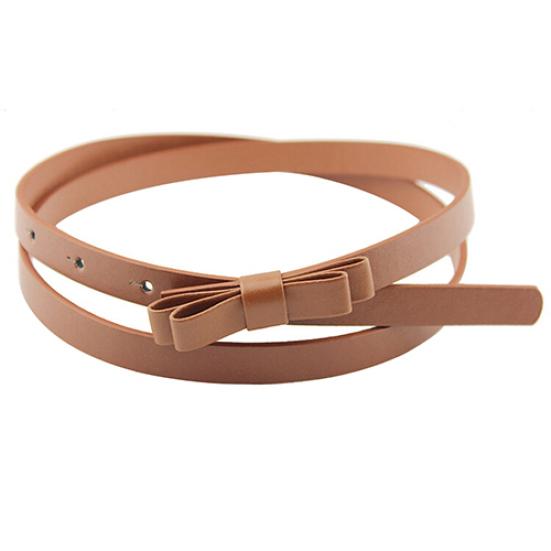 Women's Candy Color 2 Layers Bowknot Thin Narrow Belt PU Leather Waistband Strap