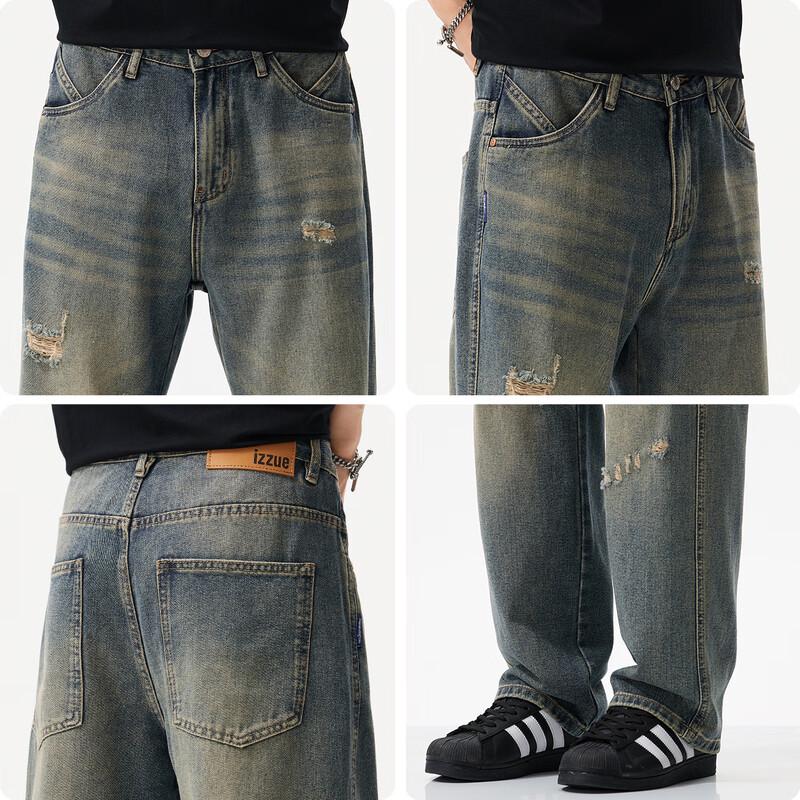 izzue it Men's Vintage Distressed Ripped Straight-Leg Jeans