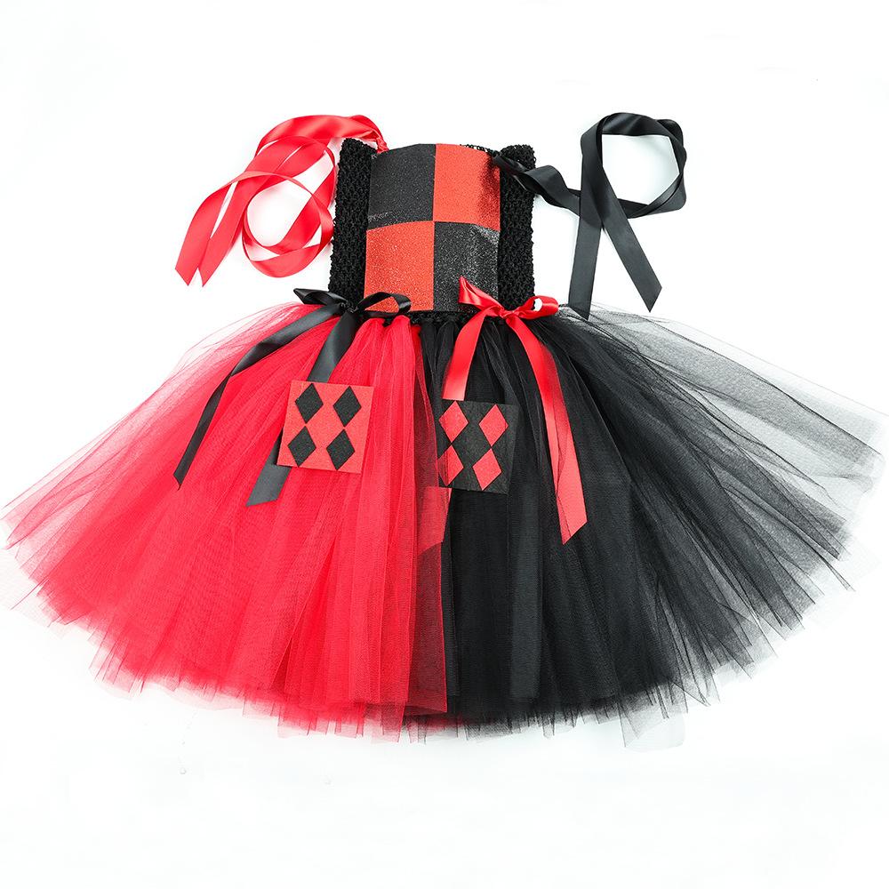 Red Black Clown Halloween Costume for Girls Circus Performance Fancy Dress for Kids Carnival Party Outfit Children Joker Clothes