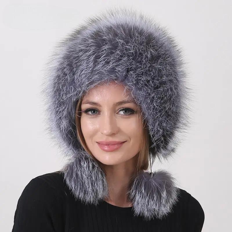 New Fashion Women's Fur Hat Fluffy Furry 2 Balls Knitted Natural Real Fox Fur Bomber Hats Warm Trapper Hat