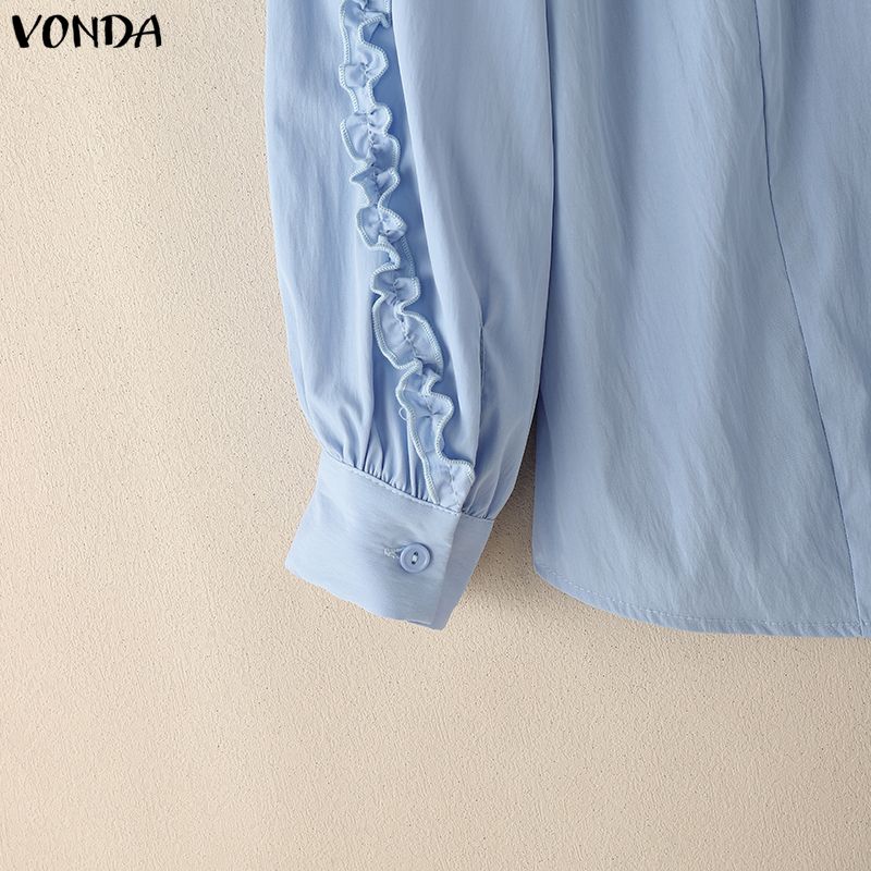 VONDA Women Casual Round Neck Ruffled Long Sleeve Solid Color Baggy Blouse