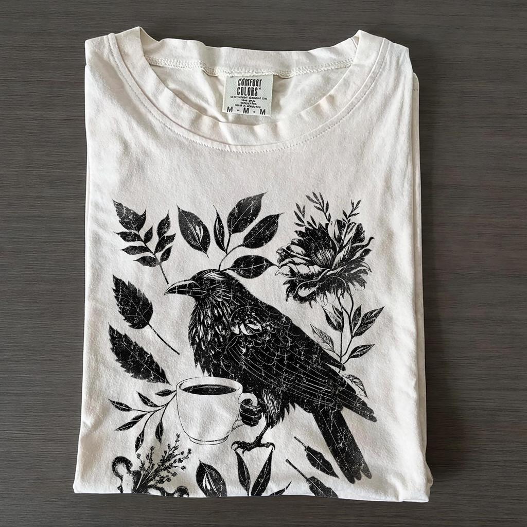 Vintage Crow Coffee Shirt, Botanical Raven Tee, Floral Bird Lover Shirt, Gothic Academia T-Shirt
