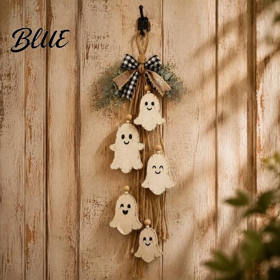 Seasonal Indoor Hanging Ornament Halloween Rustic Ghost Wall Decor with Wood Beads & Hemp Rope Farmhouse Tiered Layered Display Pendant for