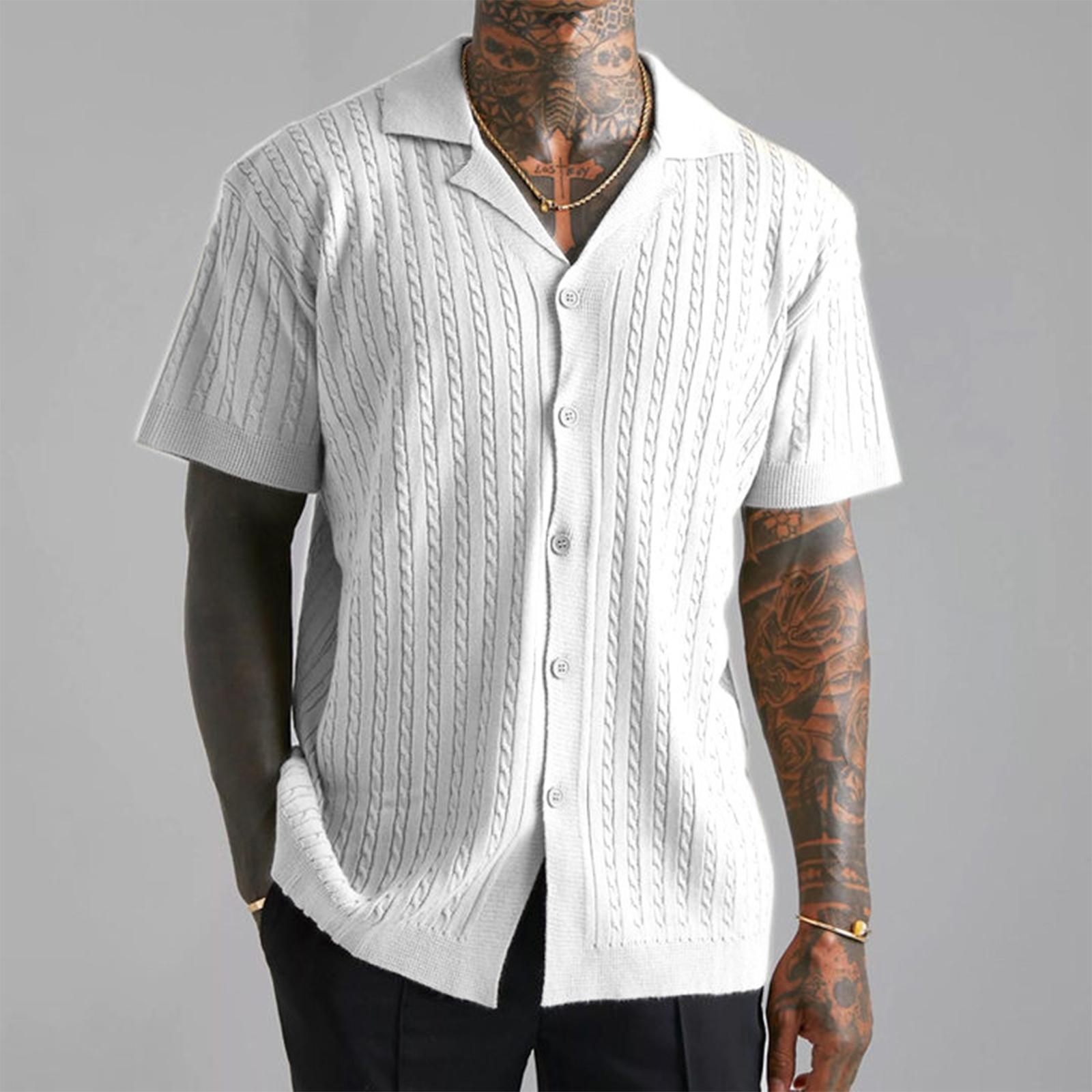 

Mens Knit Shirt Short Sleeve Plain Button Down Beach Vacation Shirt Casual Striped Summer Top L білий