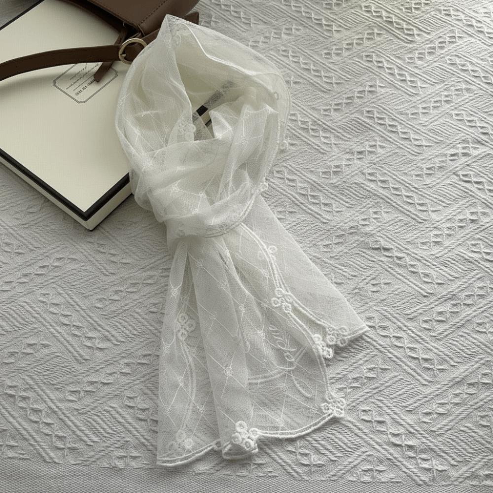 Versatile Retro Women's Lace Scarf Long Solid Color Female Headscarf Embroidered Flower Korean Version Sunscreen Shawl for Women