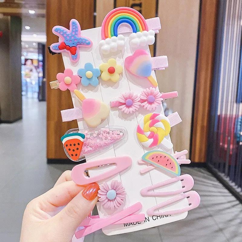 14Pcs Baby Girl Barrettes Bangs Hairpins Kids Hair Accessories Cartoon Baby Hair Clip Set Flower Fruit