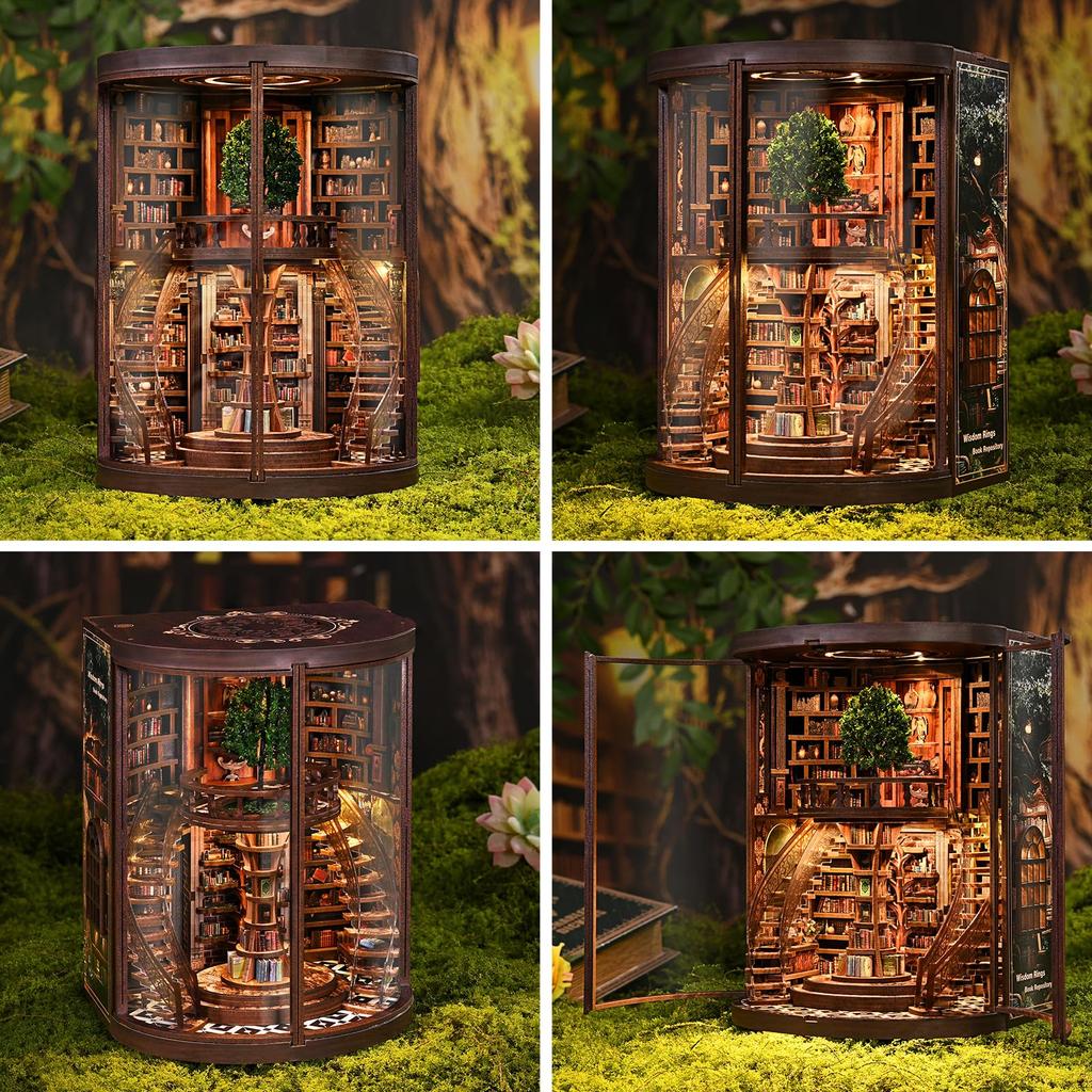 Pixie Curio Buchnische Bausatz Baum der Weisheit Bibliothek 3D Holzpuzzle Miniatur Puppenhaus LED-Licht Staubdichte Acrylhaube Bücherregal Dekoration