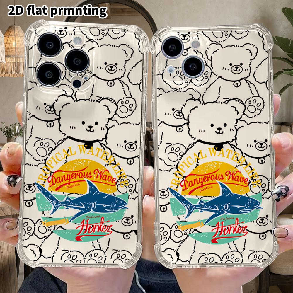 Phone Case: 2D flat suitable for iPhone 18 17 16 15 14 13 Pro, transparent corner drop proof protective case, shark surfing, Christmas and Halloween g