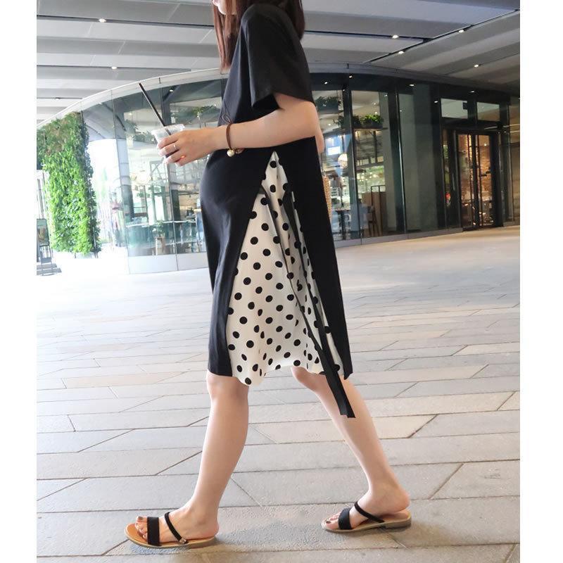 Maternity Loose-Fit Plus Size Patchwork T-shirt Dress - Korean Style Summer Over-the-Knee Dress