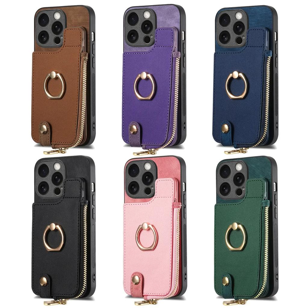 Zipper Vertical Cards Slot Ring Holder Wallet Case For iPhone 15 Pro Max 14 Plus 13 12 11 XS X XR 7 8 SE 2026 Cover Purse Cover