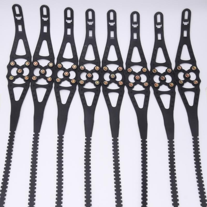 Snow Tire Chains with Individual Over-Tire Sections and Metal Contact Cups for Temporary Roadside Fitting and Use
