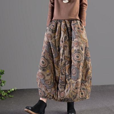 2023 Winter Retro Art Print Quilted Midi Skirt with Elastic Waist