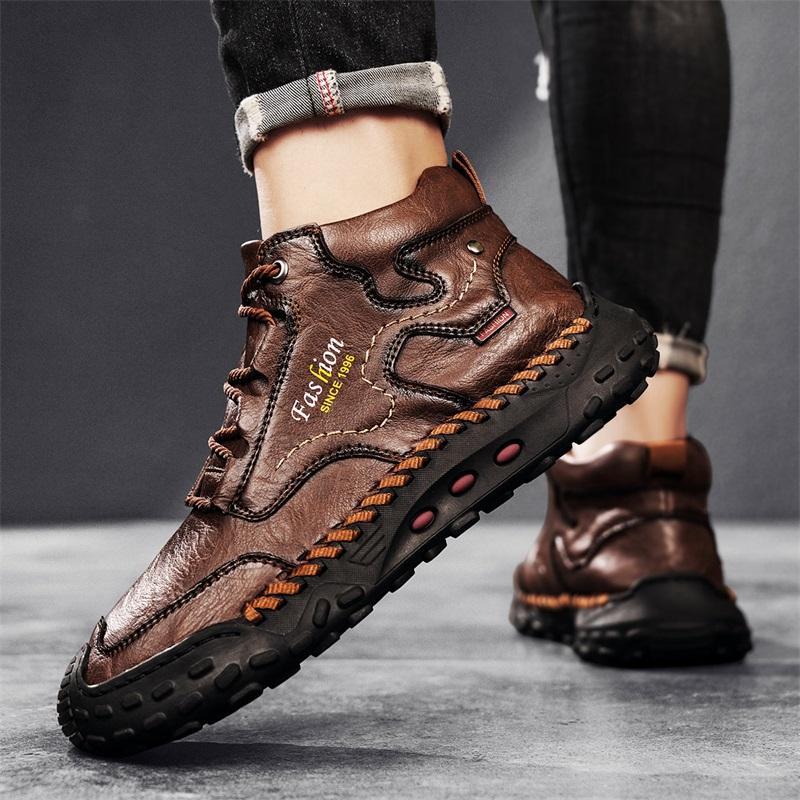 Mens Handmade Casual Leather Loafers Casual Shoes High Boots Leather Winter Sport for Men Soft and Comfortable Non-slip Cotton-padded Ankle Boots
